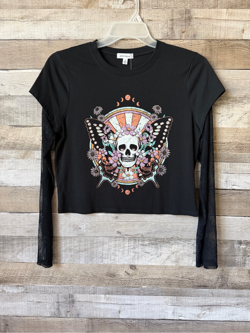 Stitch & Pine Black Skull Butterfly Lace Sleeve Tee XL Youth Girls NWT